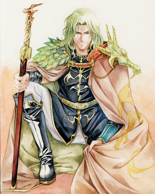1boy agahari black_coat black_footwear cape coat fire_emblem fire_emblem:_genealogy_of_the_holy_war green_hair holding holding_sword holding_weapon long_hair looking_at_viewer pants red_cape sitting solo sword travant_(fire_emblem) two-tone_cape weapon white_pants