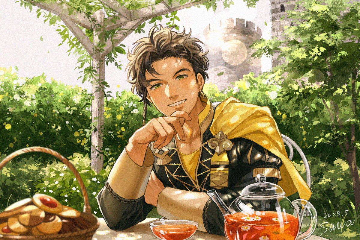 1boy artist_name basket brown_hair bush cape castle claude_von_riegan commentary_request cup dated earrings fire_emblem fire_emblem:_three_houses garreg_mach_monastery_uniform glass jewelry leaf looking_at_viewer male_focus on_chair outdoors parted_lips sawaponu3 short_hair sitting smile solo sunlight teacup teeth yellow_cape
