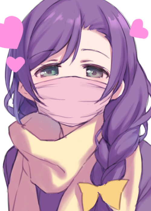 1girl bow braid braided_ponytail duke_(inu_daimyou) green_eyes hair_bow heart long_hair looking_at_viewer love_live! love_live!_school_idol_project mask mouth_mask pink_mask purple_hair scarf simple_background single_braid solo toujou_nozomi upper_body white_background yellow_bow yellow_scarf