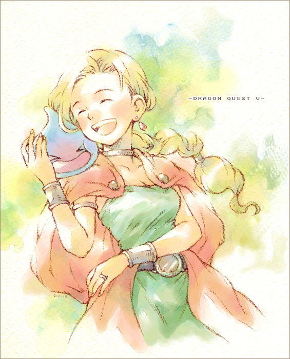 &gt;_&lt; 1girl armlet belt bianca_(dq5) blonde_hair blush bracelet braid breasts cape closed_eyes collarbone commentary_request copyright_name dragon_quest dragon_quest_v dress earrings green_dress happy jewelry long_hair medium_breasts neck_ring noki_(hanken) open_mouth orange_cape partial_commentary ring single_braid slime_(dragon_quest) smile strapless strapless_dress swept_bangs teeth upper_body upper_teeth_only wedding_ring