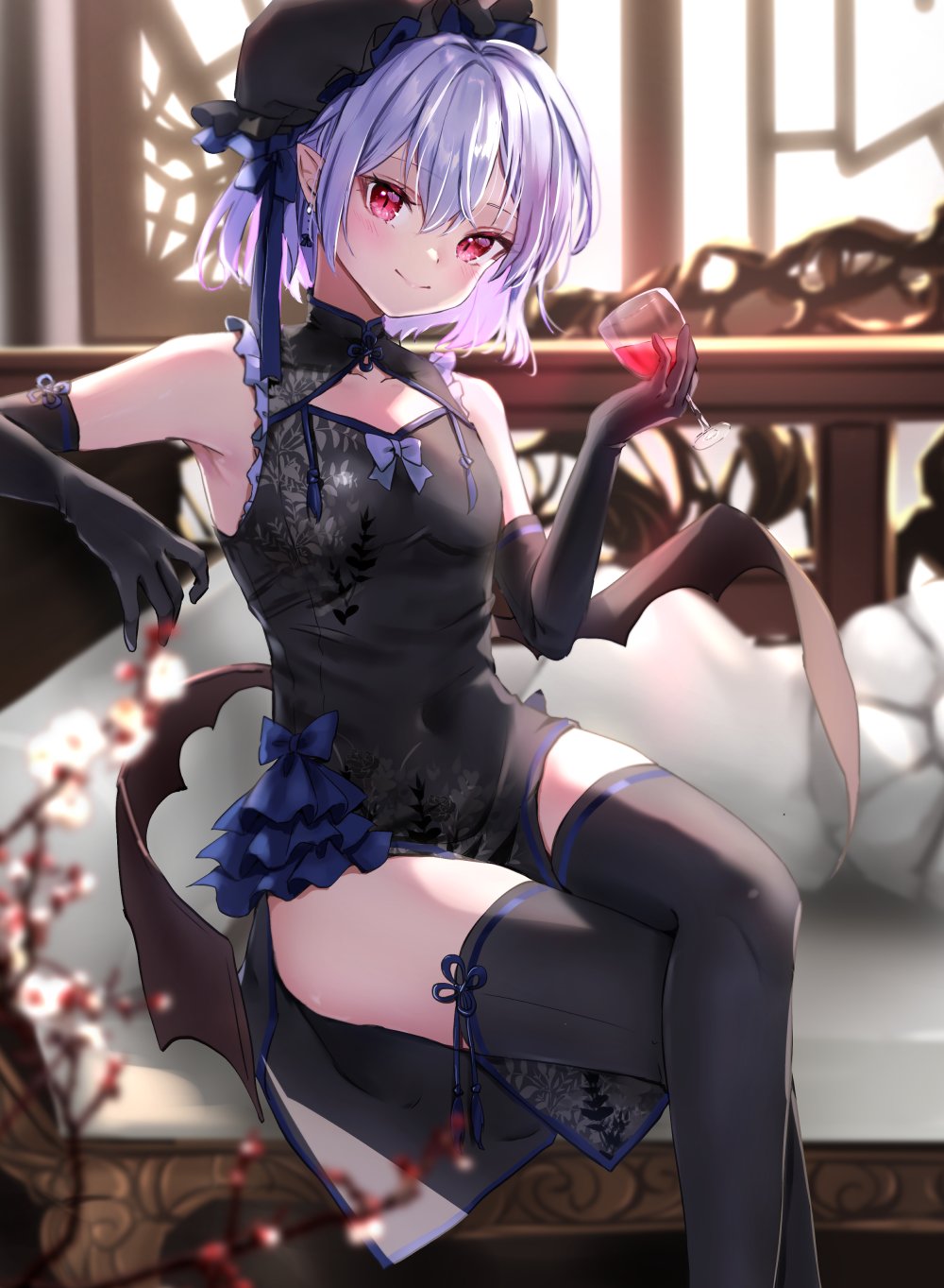 1girl alternate_costume bat_wings black_dress black_gloves black_headwear black_thighhighs blue_bow blurry blurry_background bow closed_mouth commentary_request couch crossed_legs cup dress drinking_glass elbow_gloves feet_out_of_frame gloves highres holding holding_cup indoors looking_at_viewer purple_hair red_eyes remilia_scarlet shironeko_yuuki short_hair sitting smile solo thigh-highs touhou wings