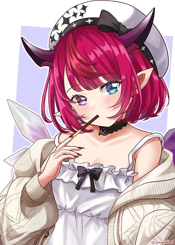 1girl amai-tapioca beret black_choker blue_eyes blush brown_sweater choker crystal_wings dress food_in_mouth hat heterochromia hololive hololive_english horns irys_(casualrys)_(hololive) irys_(hololive) lace-trimmed_choker lace_trim looking_at_viewer medium_hair multicolored_hair nail_polish official_alternate_costume pocky_day pocky_in_mouth pointy_ears purple_hair red_eyes red_nails redhead solo sweater two-tone_hair virtual_youtuber white_dress white_headwear