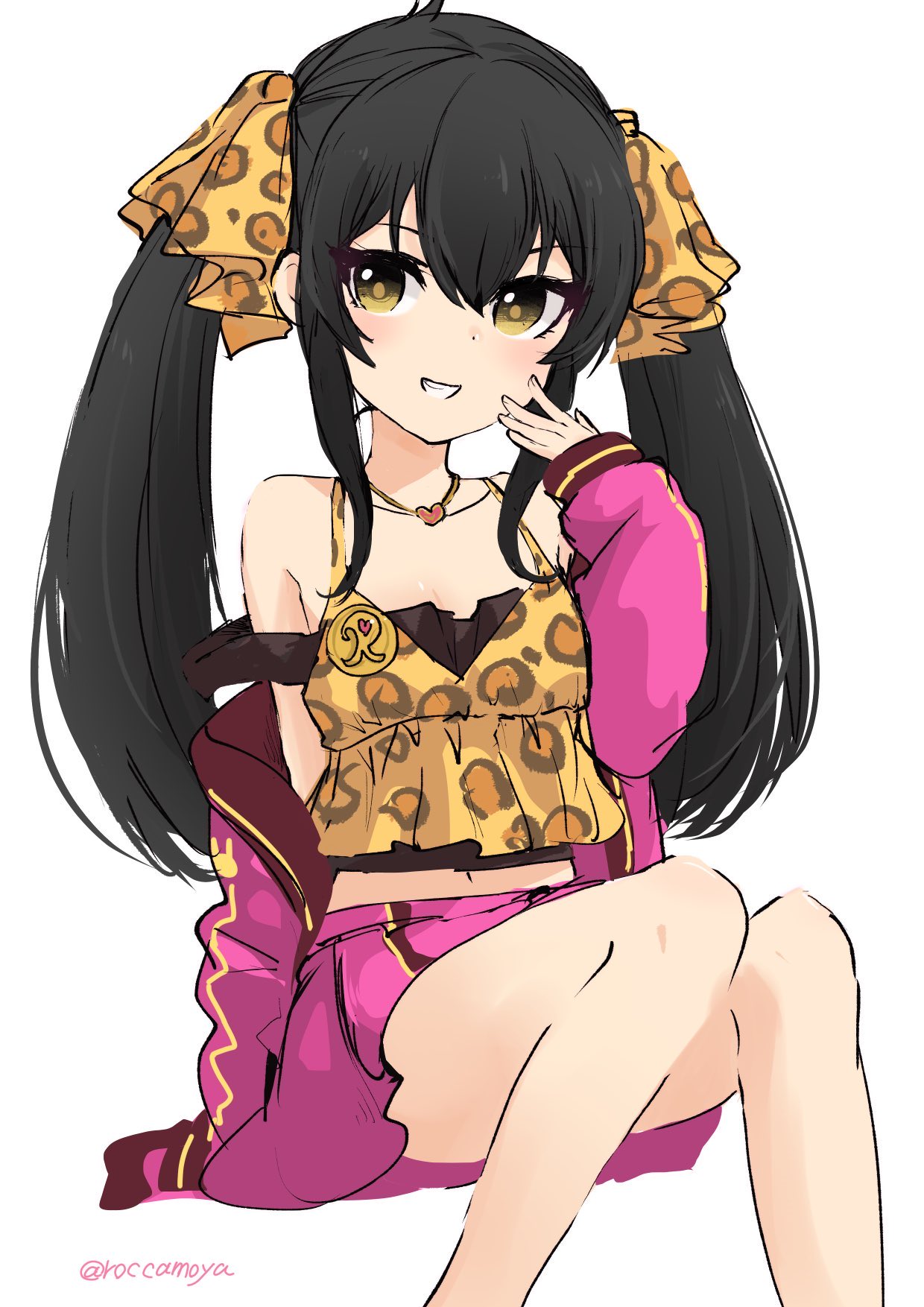 1girl animal_print arm_support black_hair flat_chest hair_between_eyes hand_up heart heart_necklace highres idolmaster idolmaster_cinderella_girls invisible_chair jacket jewelry legs leopard_print long_hair long_sleeves matoba_risa miniskirt navel necklace open_clothes open_jacket pink_jacket pink_skirt ribbon roccamoya shirt sidelocks sitting skirt solo strap_slip tank_top thighs twintails twitter_username white_background yellow_ribbon yellow_shirt