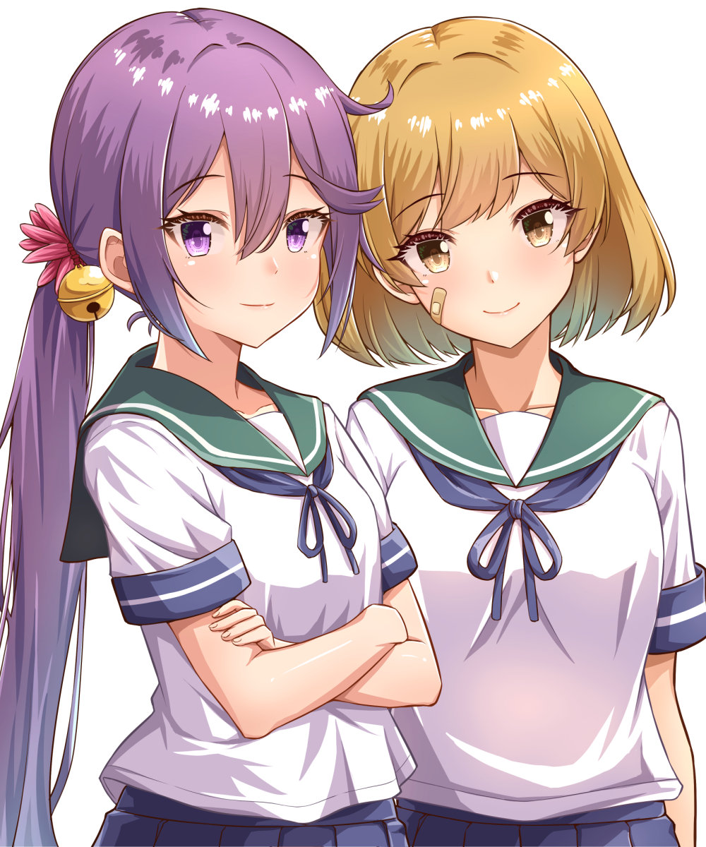 akebono_(kancolle) bandaid bandaid_on_face bell blue_sailor_collar blue_skirt blush breasts brown_eyes brown_hair closed_mouth collarbone commentary_request crossed_arms dated flower green_sailor_collar hair_bell hair_between_eyes hair_flower hair_ornament highres jingle_bell kantai_collection long_hair looking_at_viewer low_side_ponytail medium_breasts neck_ribbon neckerchief oboro_(kancolle) pleated_skirt purple_hair ribbon sailor_collar school_uniform serafuku shiromaru_(maniado) shirt short_hair short_sleeves side_ponytail sidelocks simple_background skirt smile twitter_username upper_body very_long_hair violet_eyes white_background white_shirt
