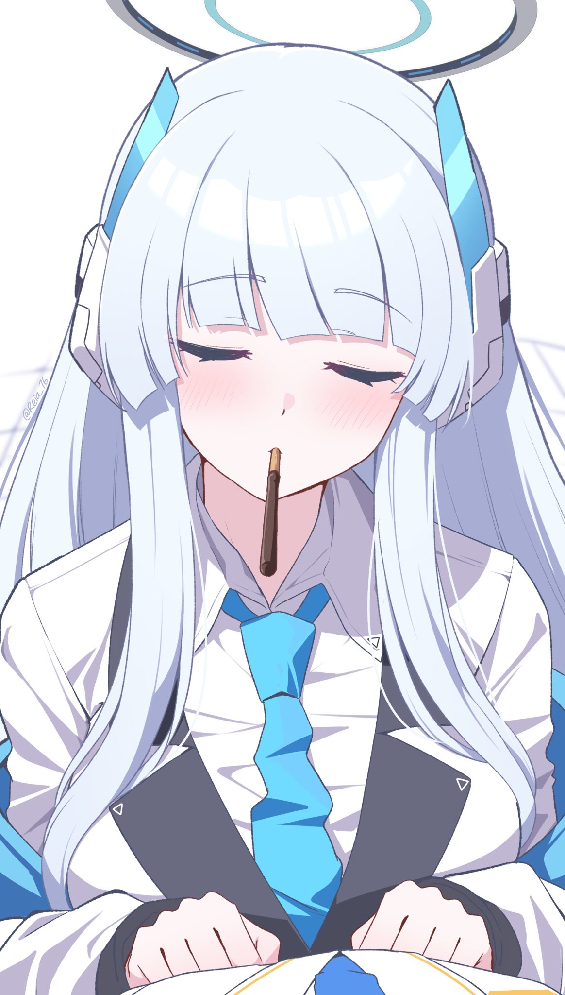 1girl 1other artist_name blue_archive blue_hair blue_necktie blunt_bangs blush clenched_hand closed_eyes coat collared_shirt commentary facing_viewer food_in_mouth halo headgear highres incoming_pocky_kiss jacket lapels leaning_on_person light_blue_hair long_hair long_sleeves mechanical_halo necktie noa_(blue_archive) off_shoulder pocky_in_mouth pov reia_76 shirt simple_background symbol-only_commentary twitter_username upper_body very_long_hair white_background white_coat white_halo white_jacket white_shirt
