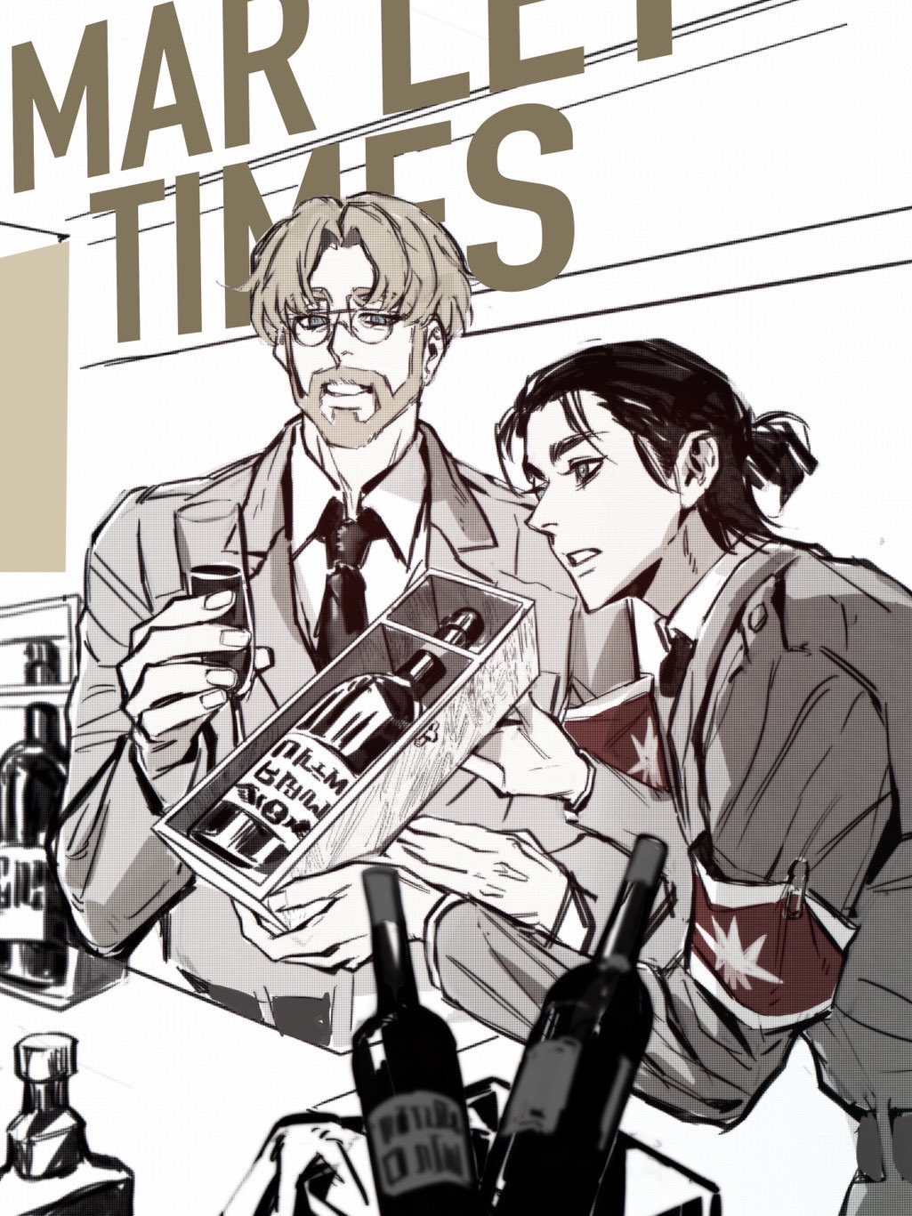 2boys ad alternate_costume armband beard bottle brown_theme cup drinking_glass english_text eren_yeager facial_hair glasses half-siblings highres holding holding_cup looking_ahead male_focus marley_military_uniform monochrome multiple_boys mustache necktie news red_armband shingeki_no_kyojin shirt short_hair spot_color wine_bottle wine_glass zeke_yeager zigong