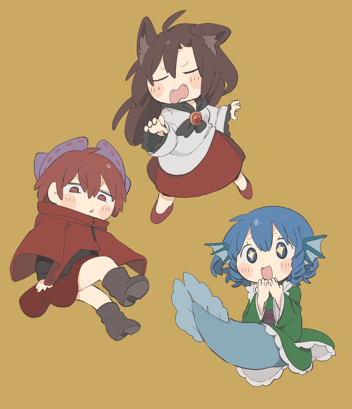 +_+ 3girls animal_ears blue_eyes blue_hair blush boots bow brooch brown_hair citrus_(place) cloak closed_eyes commentary_request drill_hair drill_sidelocks fangs fins frilled_kimono frills grass_root_youkai_network green_kimono hair_bow head_fins highres imaizumi_kagerou japanese_clothes jewelry kimono kneeless_mermaid long_hair long_sleeves mermaid monster_girl multiple_girls obi open_mouth own_hands_together purple_bow red_brooch red_cloak red_eyes red_footwear red_skirt redhead sash sekibanki short_hair sidelocks simple_background skirt smile tail touhou wakasagihime wide_sleeves wolf_ears wolf_girl yellow_background