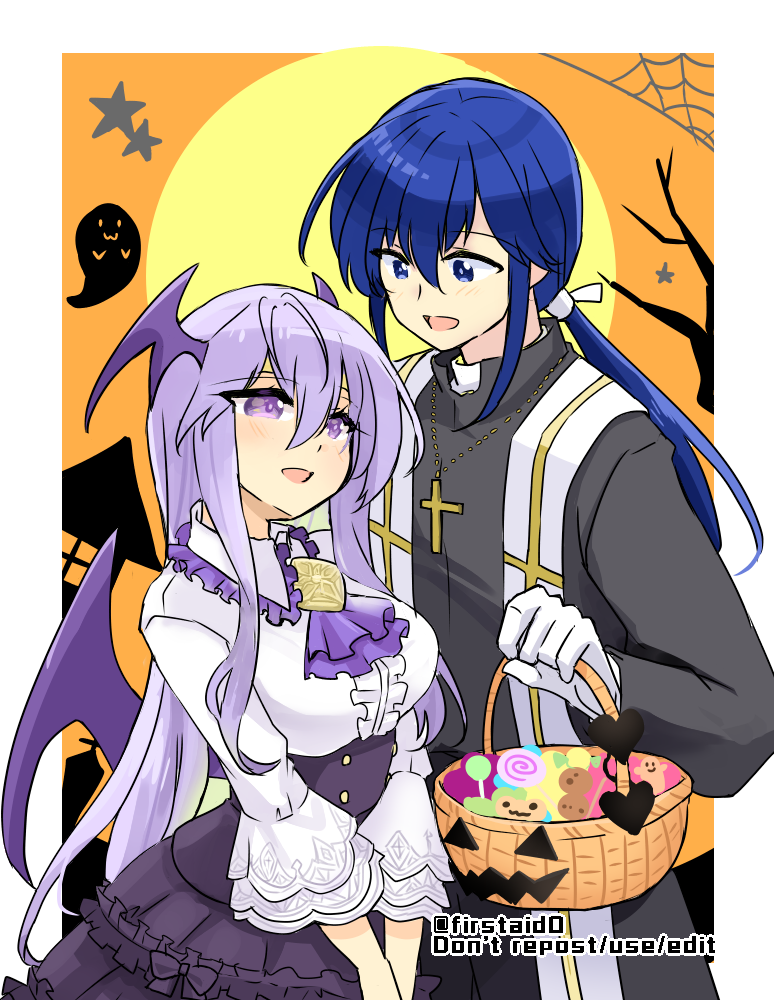 1boy 1girl alternate_costume blue_hair brother_and_sister dress fire_emblem fire_emblem:_genealogy_of_the_holy_war halloween halloween_bucket halloween_costume julia_(fire_emblem) long_hair looking_at_another open_mouth ponytail purple_hair seliph_(fire_emblem) siblings simple_background violet_eyes yukia_(firstaid0)
