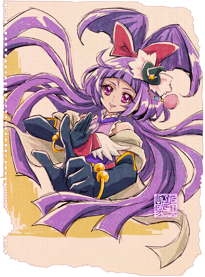 1girl artist_logo black_gloves bow commentary_request cure_magical dress earrings elbow_gloves eyelashes gloves graph_paper hair_bow hair_ornament half_updo happy hat izayoi_liko jewelry kamikita_futago long_hair looking_at_viewer magical_girl mahou_girls_precure! mini_hat mini_witch_hat mixed-language_commentary official_art paper_background precure purple_hair signature simple_background sleeveless sleeveless_dress smile solo tilted_headwear violet_eyes watercolor_background witch witch_hat