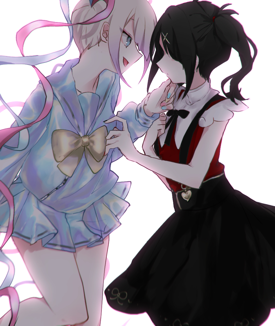 2girls ame-chan_(needy_girl_overdose) black_hair black_ribbon black_skirt blonde_hair blue_eyes blue_hair blue_nails blue_shirt blue_skirt bow chouzetsusaikawa_tenshi-chan collared_shirt commentary_request dual_persona face-to-face feet_out_of_frame gradient_hair hair_ornament hair_over_one_eye hair_tie hand_on_another's_chin hand_on_own_chest hand_up long_hair long_sleeves looking_at_another migimiya_yoru multicolored_hair multicolored_nails multiple_girls neck_ribbon needy_girl_overdose open_mouth pink_hair pink_nails pleated_skirt purple_hair quad_tails red_shirt ribbon sailor_collar school_uniform serafuku shirt shirt_tucked_in simple_background skirt smile standing suspender_skirt suspenders twintails very_long_hair white_background x_hair_ornament yellow_bow yellow_nails