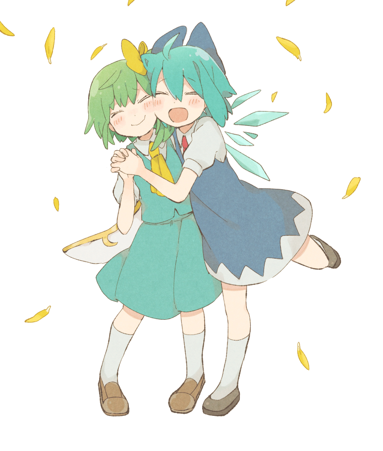 2girls ascot black_footwear blue_bow blue_dress blue_hair blush bow brown_footwear cheek-to-cheek cirno citrus_(place) closed_eyes closed_mouth commentary daiyousei detached_wings dress fairy fairy_wings falling_petals green_hair hair_bow heads_together holding_hands ice ice_wings interlocked_fingers leg_up medium_hair multiple_girls open_mouth petals pinafore_dress puffy_short_sleeves puffy_sleeves shirt shoes short_sleeves simple_background skirt sleeveless sleeveless_dress smile socks touhou white_background wings yellow_ascot yellow_bow