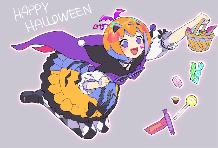 1girl :d argyle argyle_legwear arm_up basket black_footwear blush candy cape commentary_request demon_tail demon_wings facial_mark fake_tail fake_wings fangs food frilled_skirt frills full_body grey_background halloween_costume happy_halloween holding holding_basket idol_clothes jack-o'-lantern lollipop looking_at_viewer macaron moudoku_(decopon3rd) open_mouth orange_skirt outstretched_arm pretty_(series) pripara puffy_sleeves pumpkin_hat purple_cape ran-tan_(pripara) shoes skirt smile solo tail violet_eyes wings