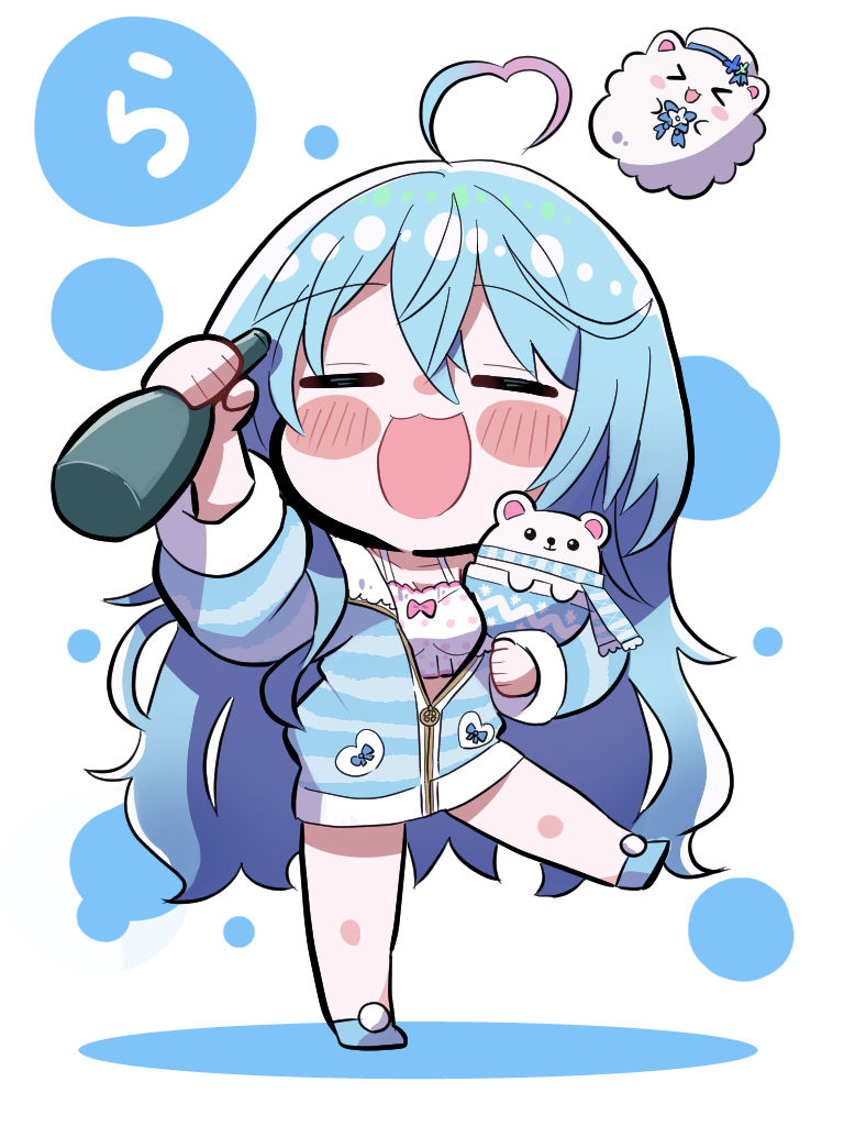 1girl =_= ahoge blue_footwear blue_hair blue_jacket blush_stickers bottle camisole chibi creature daifuku_(yukihana_lamy) double-parted_bangs drunk frilled_camisole frills full_body fur-trimmed_jacket fur_trim hair_between_eyes heart heart_ahoge holding holding_bottle hololive jacket long_hair messy_hair multicolored_hair nabe_(nabe_otome) official_alternate_costume official_alternate_hairstyle open_mouth partially_unzipped polka_dot_camisole sake_bottle sleepwear slippers solo_focus streaked_hair striped striped_jacket very_long_hair virtual_youtuber white_camisole yukihana_lamy yukihana_lamy_(4th_costume) yukimin_(yukihana_lamy)