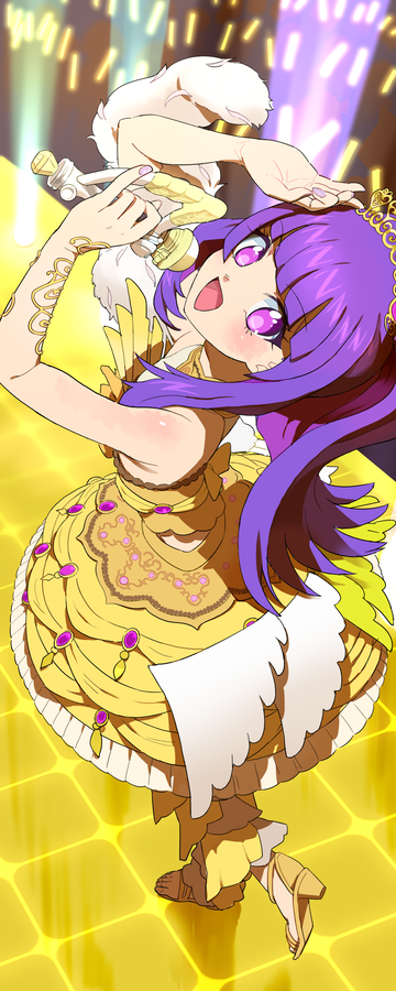 1girl :d bare_shoulders blunt_bangs blush cropped_shirt from_above full_body glowstick hanazono_shuka high_heels holding holding_microphone idol idol_clothes idol_time_pripara long_hair looking_at_viewer looking_up microphone moudoku_(decopon3rd) music nail_polish open_mouth penlight_(glowstick) ponytail pretty_(series) pripara purple_hair purple_nails sandals shirt singing skirt smile solo sparkle standing standing_on_one_leg tiara violet_eyes yellow_footwear yellow_shirt yellow_skirt