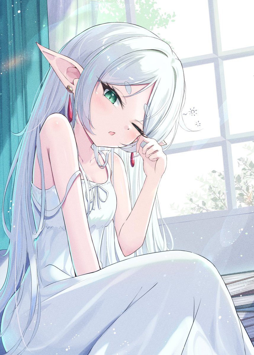 1girl book book_stack breasts curtains day elf frieren green_eyes highres long_hair looking_at_viewer mikaze_oto nightgown one_eye_closed pointy_ears sitting sleeping sleeveless small_breasts sousou_no_frieren strap_slip thick_eyebrows white_hair white_nightgown window