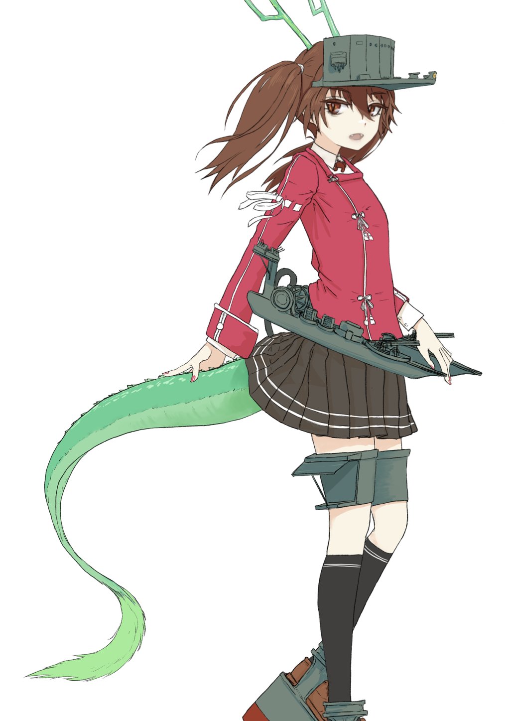 1girl black_skirt black_socks brown_eyes brown_hair dragon_horns dragon_tail fangs highres horns japanese_clothes kantai_collection kariginu kneehighs long_hair long_sleeves looking_at_viewer magatama nail_polish nito_(nshtntr) open_mouth pleated_skirt red_nails rigging ryuujou_(kancolle) simple_background skirt socks solo tail twintails visor_cap white_background
