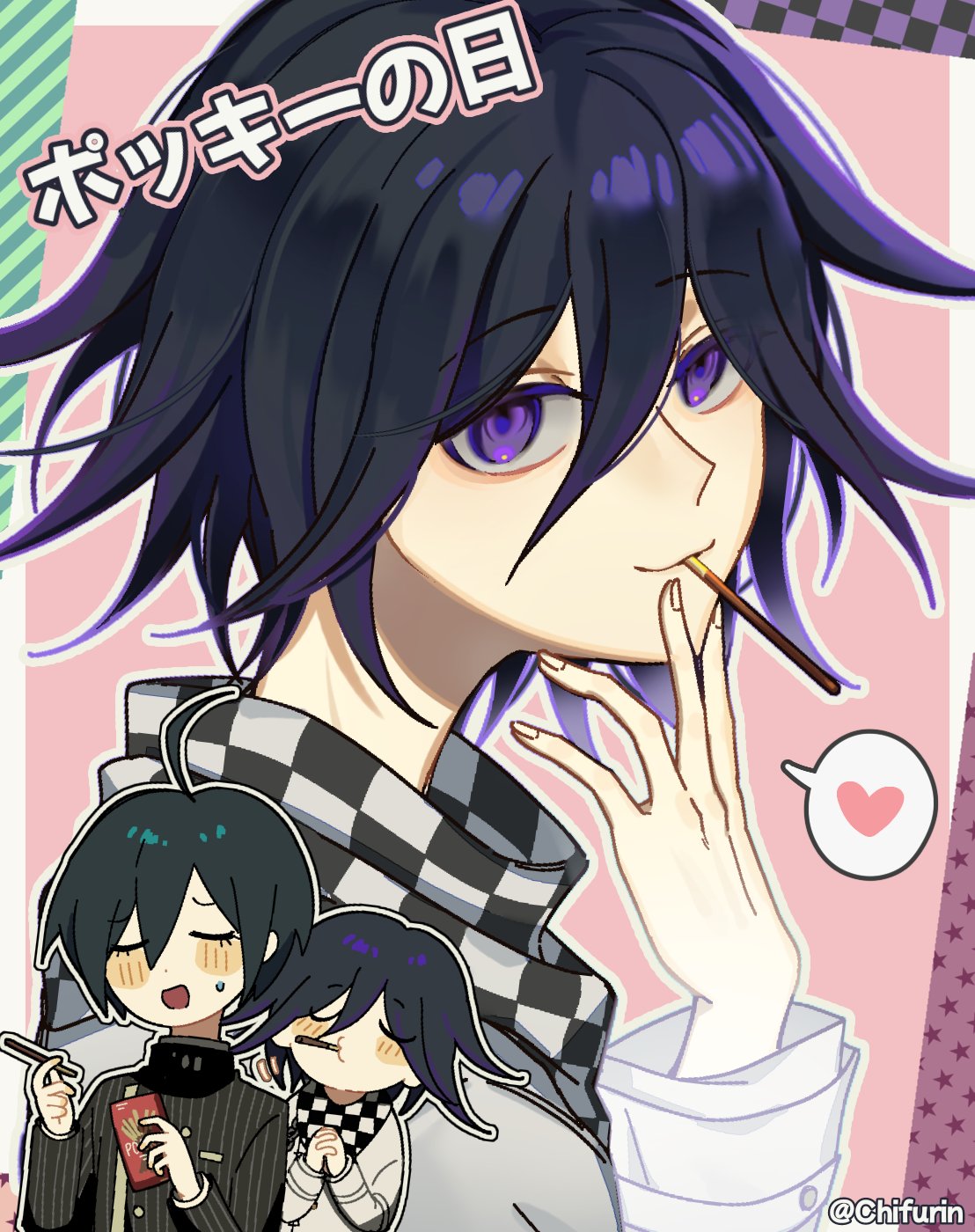 2boys :o black_hair black_jacket blush checkered_clothes checkered_scarf chifurin closed_eyes closed_mouth danganronpa_(series) danganronpa_v3:_killing_harmony food food_in_mouth grey_jacket hair_between_eyes hands_up heart highres holding holding_food holding_pocky jacket long_sleeves male_focus multicolored_background multiple_boys multiple_views oma_kokichi pink_background pocky pocky_in_mouth purple_hair saihara_shuichi scarf speech_bubble spoken_heart striped striped_jacket sweatdrop translation_request violet_eyes