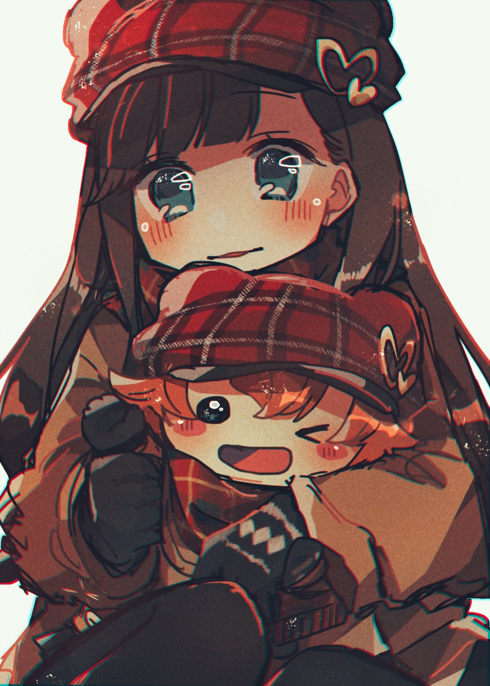 &gt;_o 2girls :d black_mittens black_pantyhose blue_eyes blush blush_stickers brown_hair brown_jacket cabbie_hat cha_ipride hair_behind_ear hat hat_ornament heart_hat_ornament highres jacket long_bangs long_hair long_sleeves mittens multiple_girls one_eye_closed open_mouth original pantyhose parted_lips plaid plaid_headwear plaid_scarf red_headwear red_scarf scarf sidelocks simple_background sitting sitting_on_lap sitting_on_person smile straight_hair upper_body white_background winter_clothes