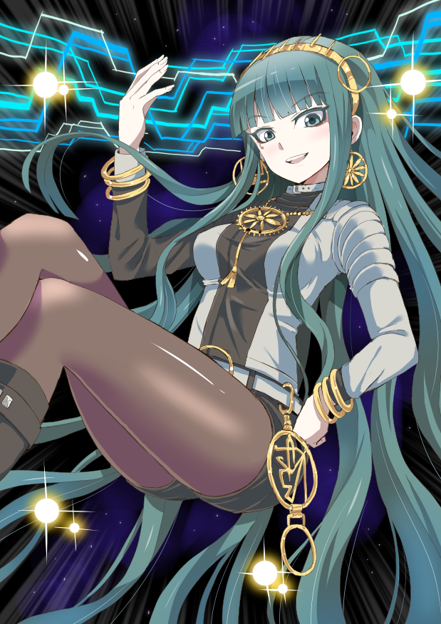 1girl aqua_eyes aqua_hair blunt_bangs bracelet cleopatra_(fate) earrings fate/grand_order fate_(series) feet_out_of_frame gold_hairband hairband hime_cut hoop_earrings jacket jewelry long_hair looking_at_viewer multicolored_clothes multicolored_jacket pantyhose shimouki_izui smile solo very_long_hair