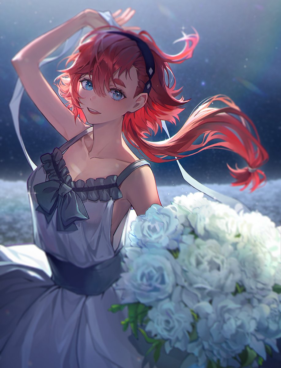 1girl arm_up blue_dress blue_eyes blurry bouquet dark-skinned_female dark_skin depth_of_field dress field flower flower_field gundam gundam_suisei_no_majo hair_ornament headband highres holding holding_bouquet is_aoto light_particles light_rays long_hair looking_at_viewer no_bra open_mouth redhead ribbon solo suletta_mercury white_flower