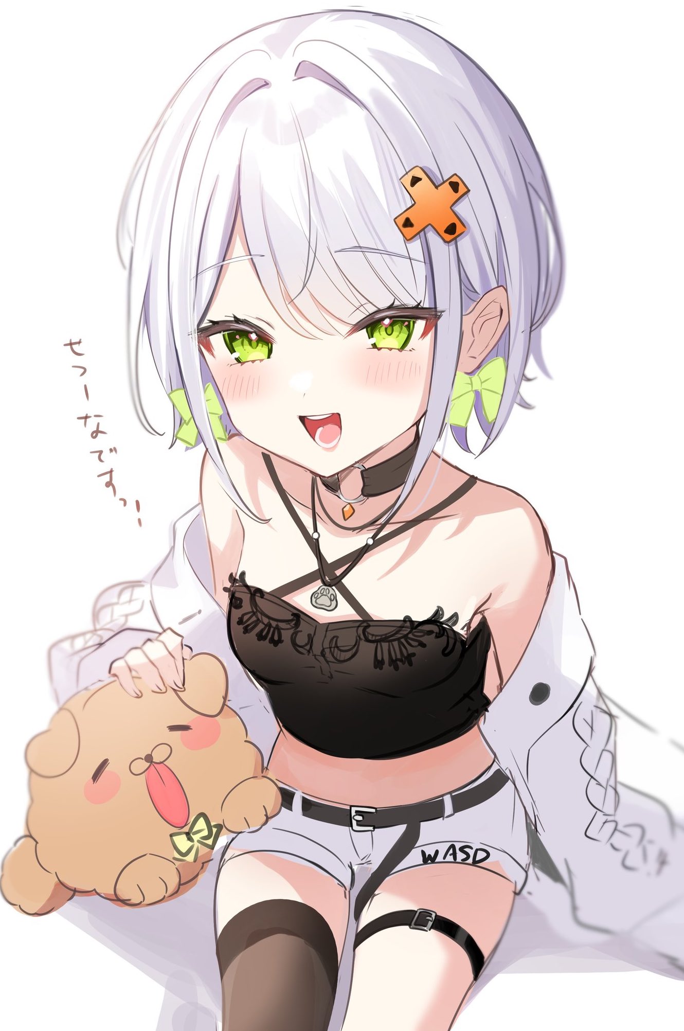.live 1girl blush breasts character_request collarbone dog earrings green_eyes grey_hair hair_ornament highres jacket jewelry necklace open_mouth ribbon_earrings satoupote shorts single_thighhigh small_breasts solo thigh-highs translation_request virtual_youtuber