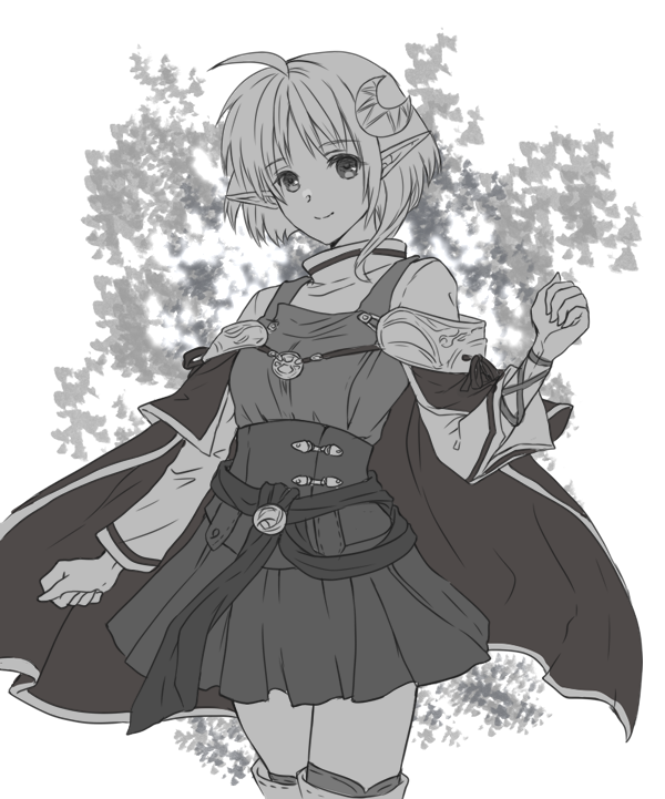 1girl ahoge akira_(kanadomeakira62) cape closed_mouth crescent crescent_hair_ornament greyscale hair_ornament looking_at_viewer monochrome pointy_ears red_cape rena_lanford short_hair skirt smile solo star_ocean star_ocean_the_second_story thigh-highs