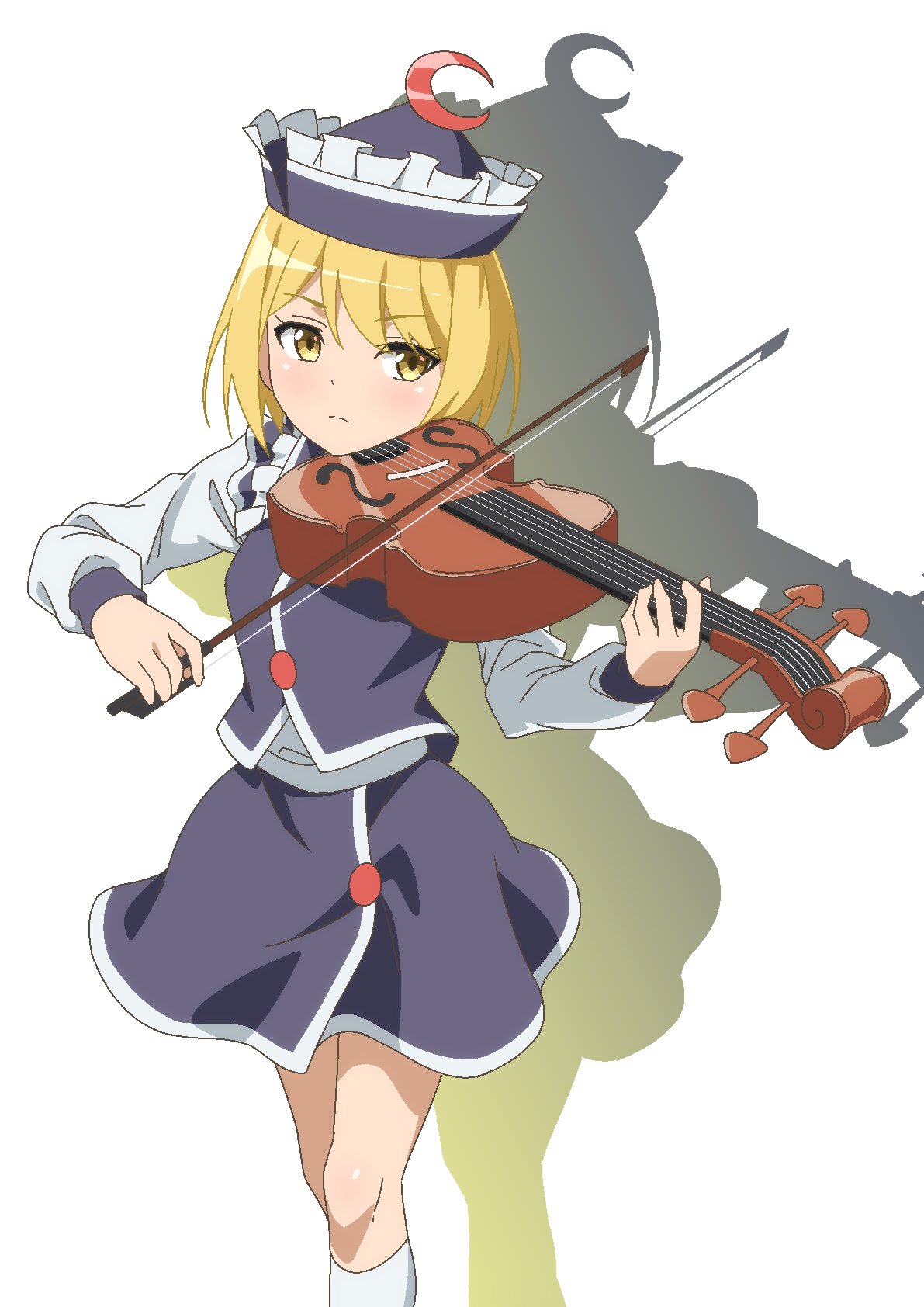 1girl black_headwear black_skirt black_vest blonde_hair bow_(music) closed_mouth crescent crescent_hat_ornament feet_out_of_frame gyouza_(mhea5724) hat hat_ornament highres holding holding_instrument instrument long_sleeves lunasa_prismriver music playing_instrument shirt short_hair simple_background skirt skirt_set socks solo touhou vest violin white_background white_shirt white_socks yellow_eyes