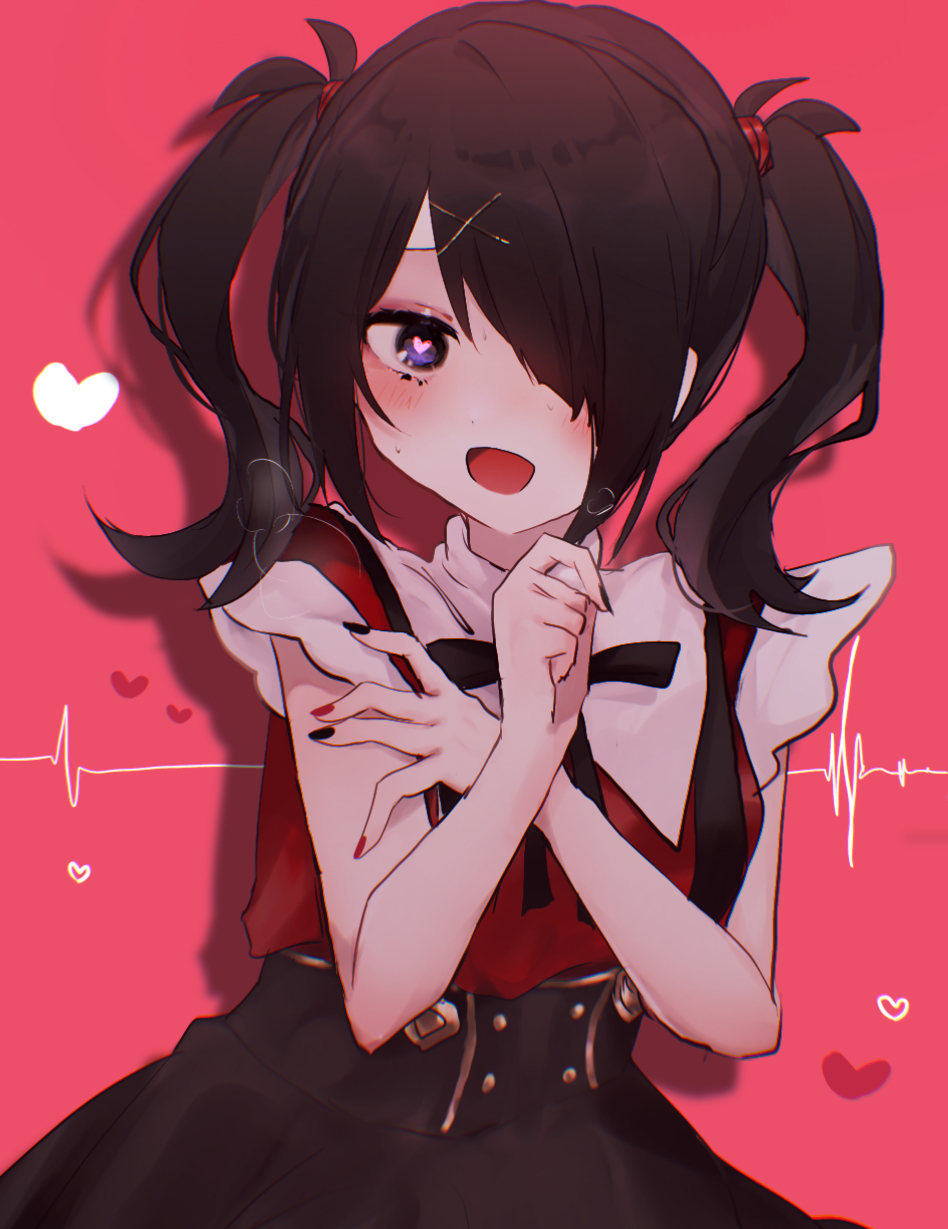 1girl :d ame-chan_(needy_girl_overdose) black_hair black_nails black_ribbon black_skirt blush breath cardiogram collared_shirt commentary_request drop_shadow hair_ornament hair_over_one_eye hair_tie hairclip hands_up heart heart_in_eye highres looking_at_viewer migimiya_yoru multicolored_nails neck_ribbon needy_girl_overdose open_mouth red_background red_nails red_shirt ribbon shirt shirt_tucked_in skirt smile solo suspender_skirt suspenders symbol_in_eye twintails violet_eyes x_hair_ornament