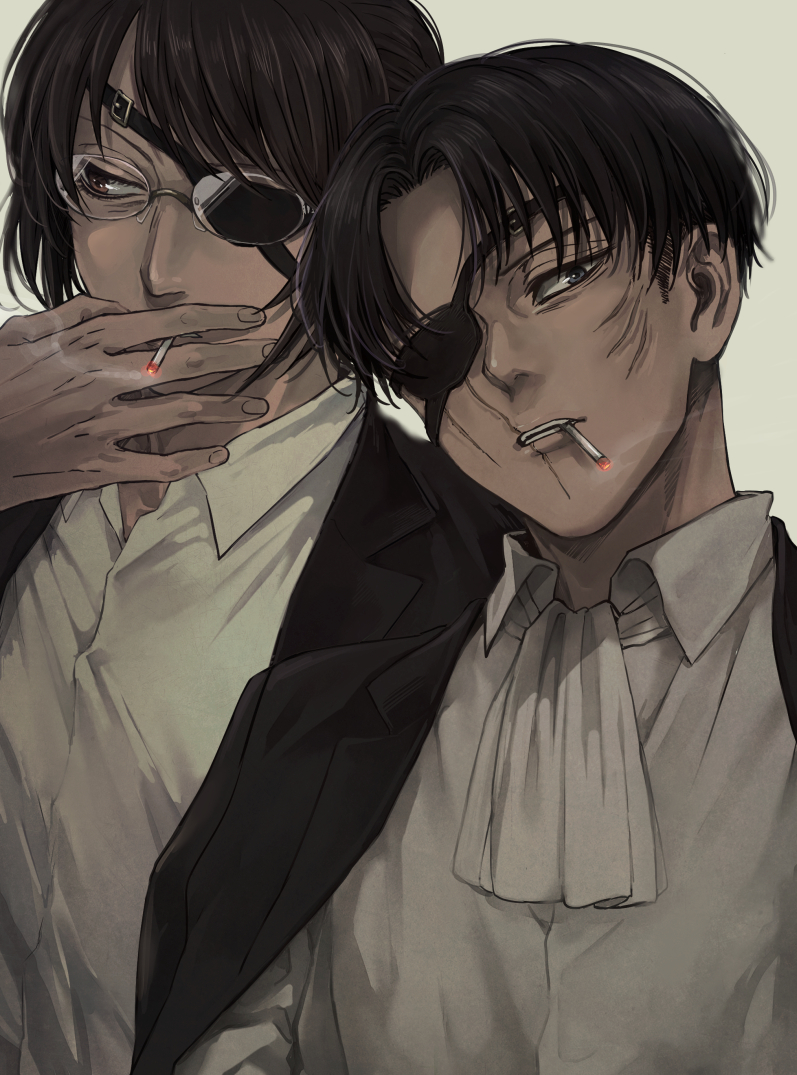 1boy 1other alternate_costume ascot black_eyes black_hair black_jacket brown_eyes brown_hair cigarette collared_shirt eyepatch glasses hange_zoe head_tilt jacket lapels levi_(shingeki_no_kyojin) looking_to_the_side mo_cha_ri notched_lapels open_clothes open_collar open_jacket parted_bangs scar scar_on_cheek scar_on_face scar_on_mouth shingeki_no_kyojin shirt short_hair sideways_glance simple_background smoke smoking upper_body white_ascot white_background white_shirt