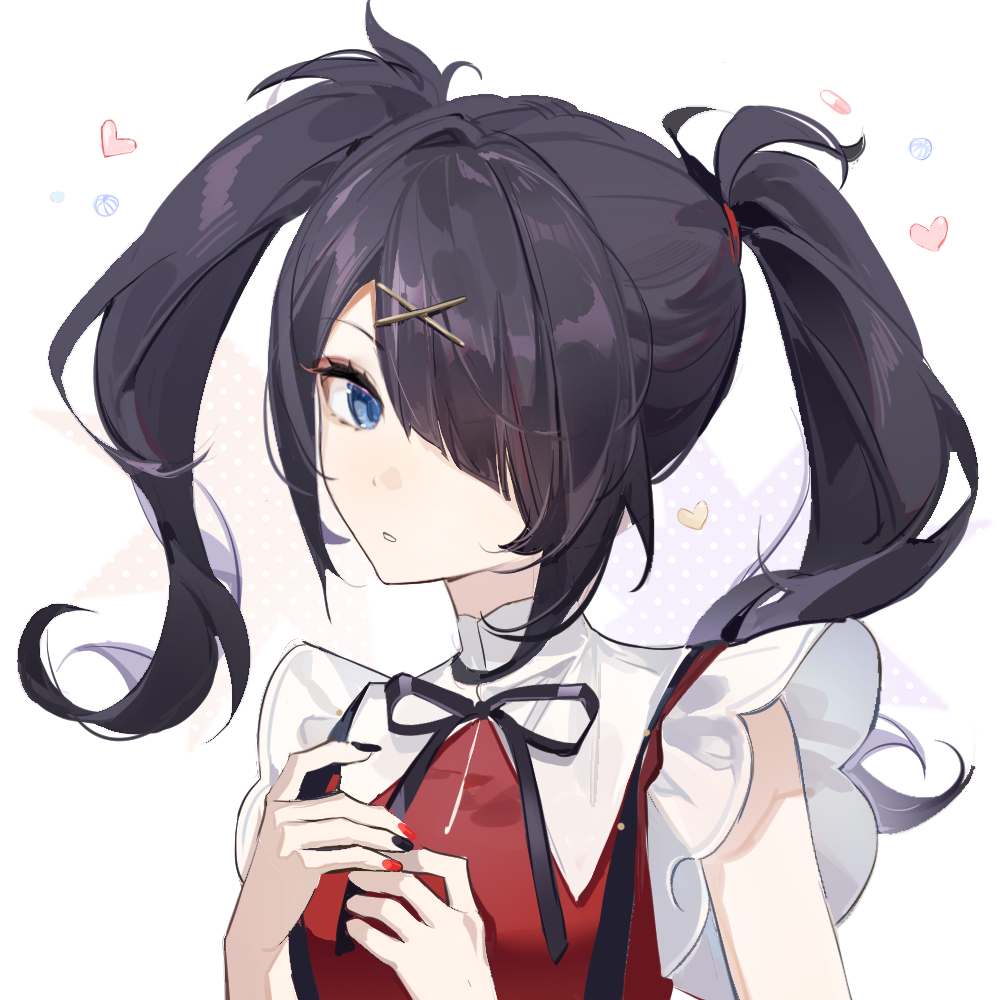 1girl ame-chan_(needy_girl_overdose) black_hair black_nails black_ribbon blue_eyes collared_shirt ershuihe hair_ornament hair_over_one_eye hair_tie hairclip hands_up heart long_hair looking_at_viewer multicolored_nails neck_ribbon needy_girl_overdose parted_lips pill red_nails red_shirt ribbon shirt solo suspenders twintails upper_body white_background x_hair_ornament