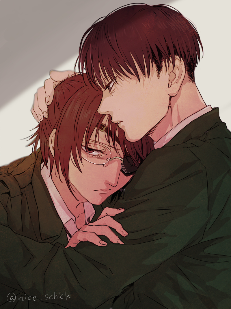 1boy 1other artist_name bags_under_eyes black_eyes black_hair brown_eyes brown_hair collared_shirt eyepatch frown glasses green_jacket half_updo hand_on_another's_arm hand_on_another's_head hange_zoe head_on_chest hug jacket levi_(shingeki_no_kyojin) long_sleeves looking_at_another looking_to_the_side mo_cha_ri parted_lips shingeki_no_kyojin shirt short_hair simple_background twitter_username white_background white_shirt