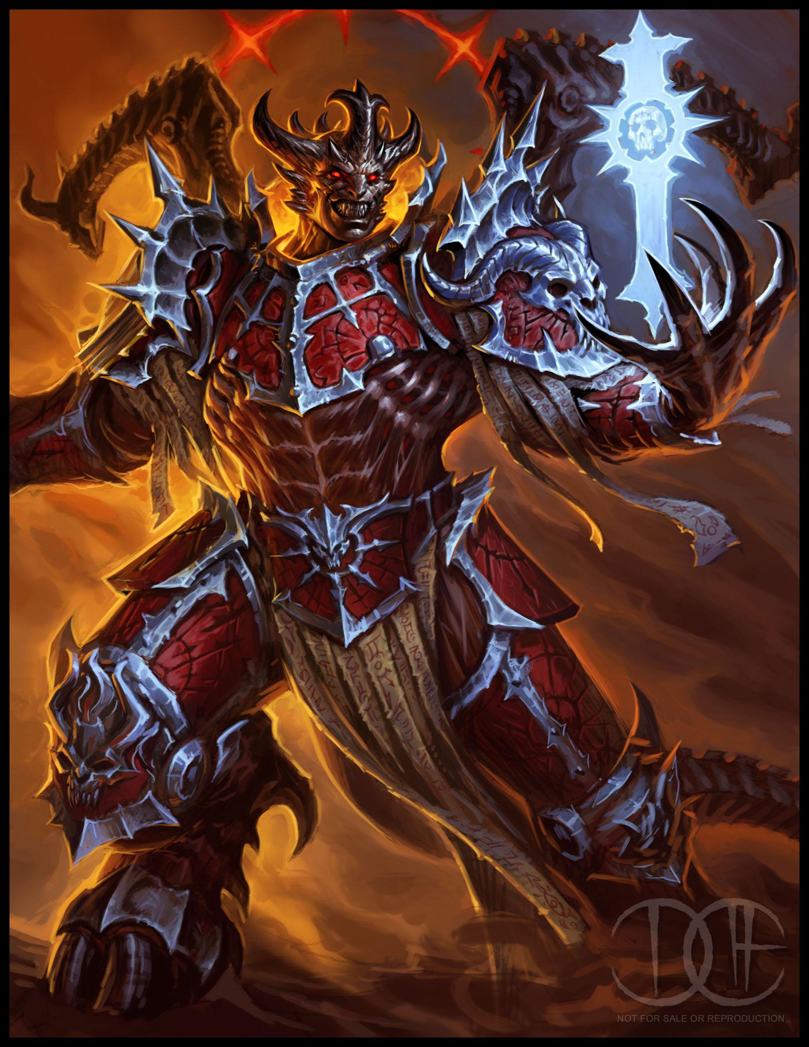 1boy armor armored_boots boots breastplate david_haire demon_horns demon_primarch faulds fingernails full_armor glowing glowing_eyes halo highres holding hooves horns lorgar_aurelian pauldrons power_armor primarch red_armor red_eyes sharp_fingernails sharp_teeth shoulder_armor signature solo spiked_armor teeth vambraces warhammer_40k weapon