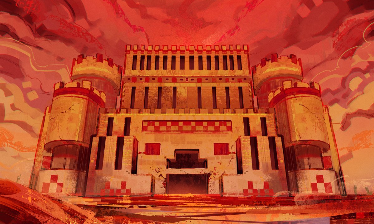 architecture castle clouds geometric_pattern landscape limited_palette no_humans o_pomb outdoors quackity_smp red_clouds red_sky red_theme sky