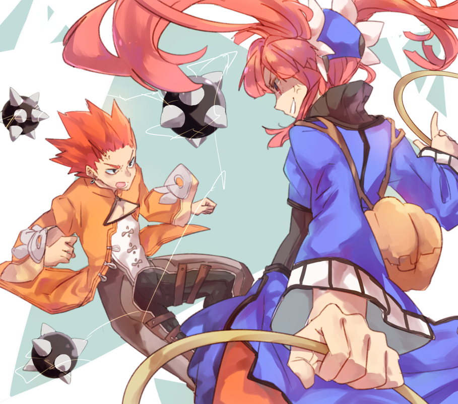 1boy angry bag blue_headwear chakram character_request chinese_clothes dewprism earrings fighting hamagurihime jewelry lightning long_sleeves looking_at_another mint_(dewprism) open_mouth pointing redhead ring simple_background single_earring smile spike_ball spiky_hair triangle twintails weapon
