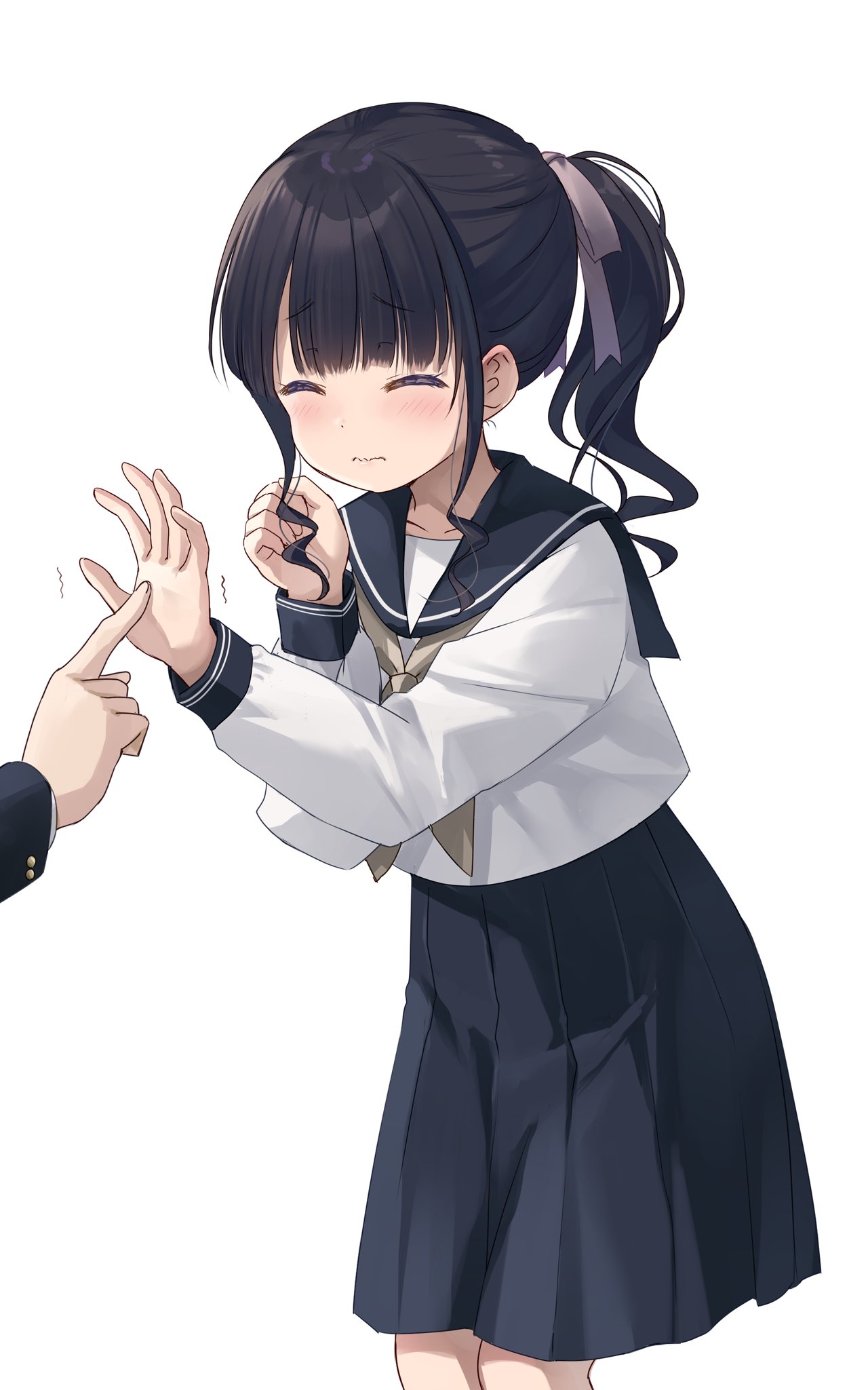 1girl 1other black_hair black_sailor_collar black_skirt blush brown_neckerchief closed_eyes closed_mouth commentary_request feet_out_of_frame hair_ribbon hands_up highres long_hair motion_lines na-ga neckerchief original out_of_frame pleated_skirt poking ponytail ribbon sailor_collar school_uniform serafuku shirt sidelocks simple_background skirt solo_focus standing trembling wavy_mouth white_background white_shirt