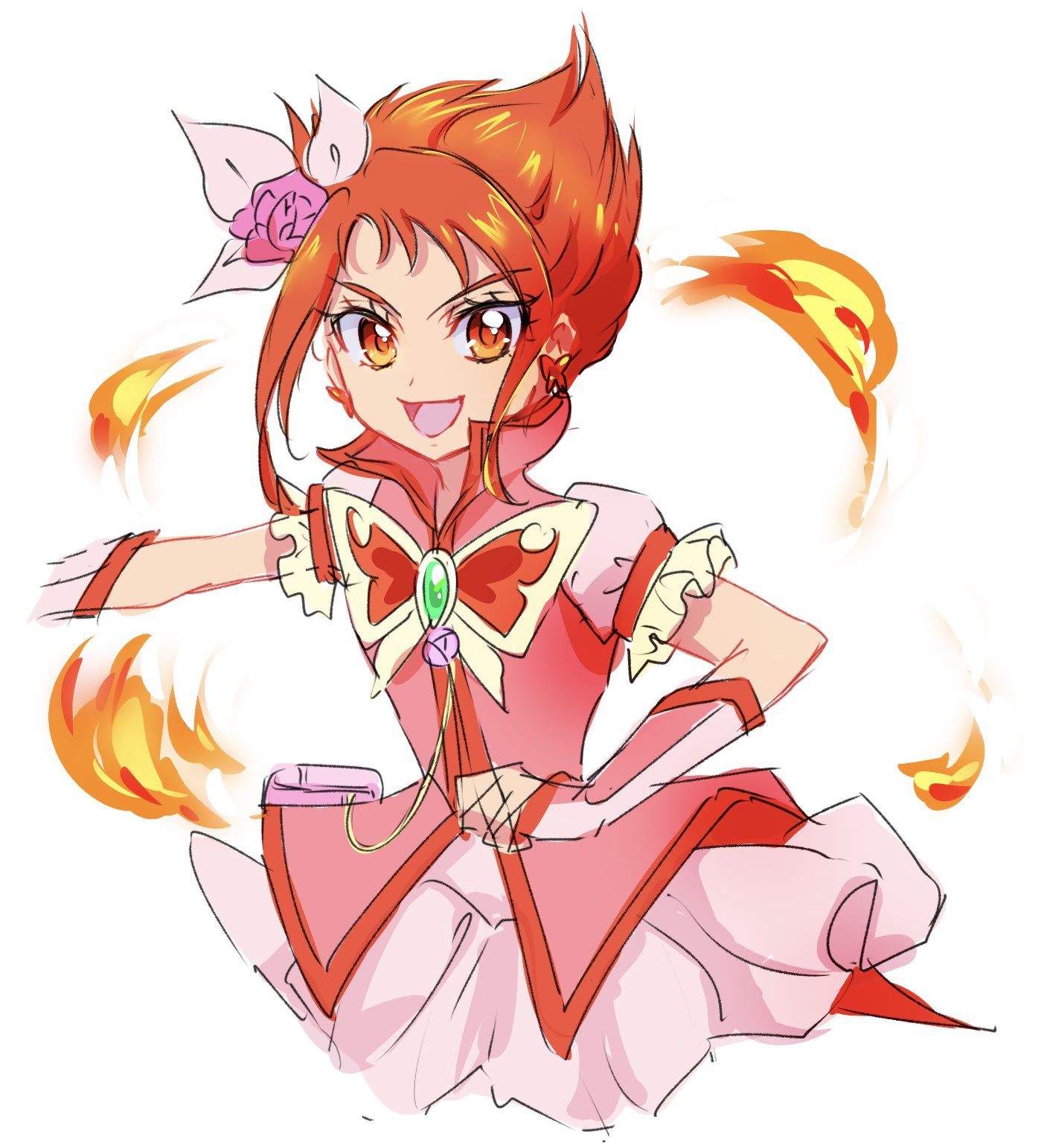 1girl :d brooch butterfly_brooch commentary_request cure_rouge earrings eyelashes flower fpminnie1 hair_flower hair_ornament happy highres jewelry looking_at_viewer magical_girl natsuki_rin open_mouth precure puffy_short_sleeves puffy_sleeves red_eyes red_vest redhead short_hair short_sleeves simple_background sketch skirt smile solo spiky_hair vest white_background yes!_precure_5 yes!_precure_5_gogo!