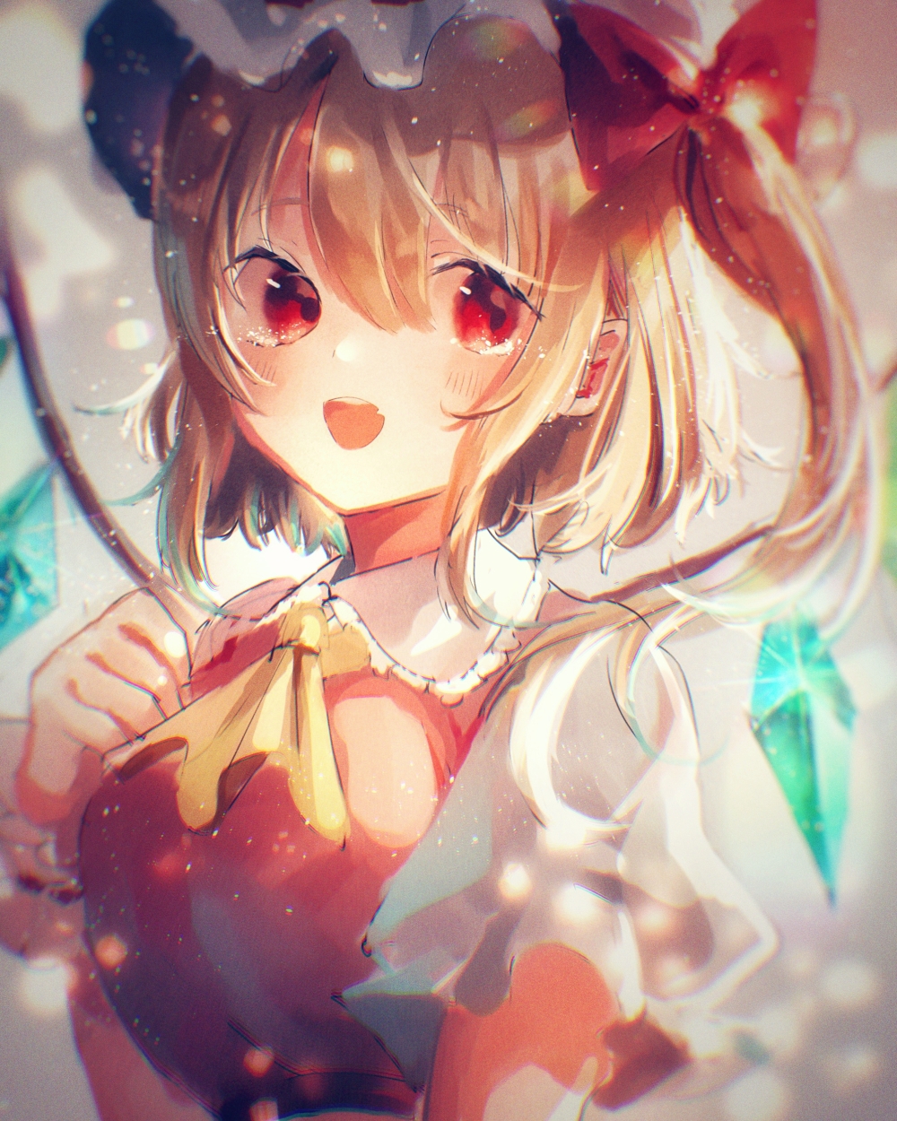 1girl ascot blonde_hair blurry blurry_background blush bow breasts collared_shirt crystal depth_of_field flandre_scarlet frilled_shirt_collar frills glowing glowing_wings hair_between_eyes hair_bow happy hat hat_ribbon highres irohatomo long_hair looking_at_viewer medium_breasts mob_cap multicolored_wings one_side_up open_mouth puffy_short_sleeves puffy_sleeves red_bow red_eyes red_ribbon red_vest ribbon shirt short_sleeves smile solo teeth touhou upper_body upper_teeth_only vest white_headwear white_shirt wings yellow_ascot