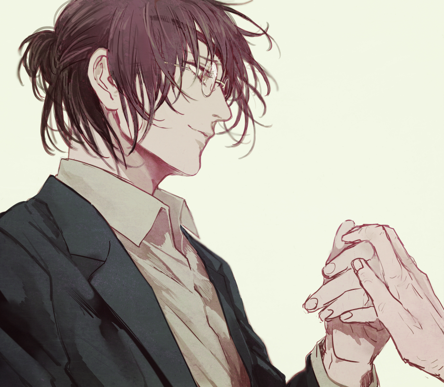1other androgynous brown_eyes brown_hair closed_mouth collared_shirt eyepatch from_side glasses green_jacket half_updo hange_zoe holding_hands jacket long_sleeves looking_at_another mo_cha_ri open_clothes open_collar open_jacket other_focus shingeki_no_kyojin shirt short_hair simple_background smile solo_focus upper_body white_background white_shirt wing_collar