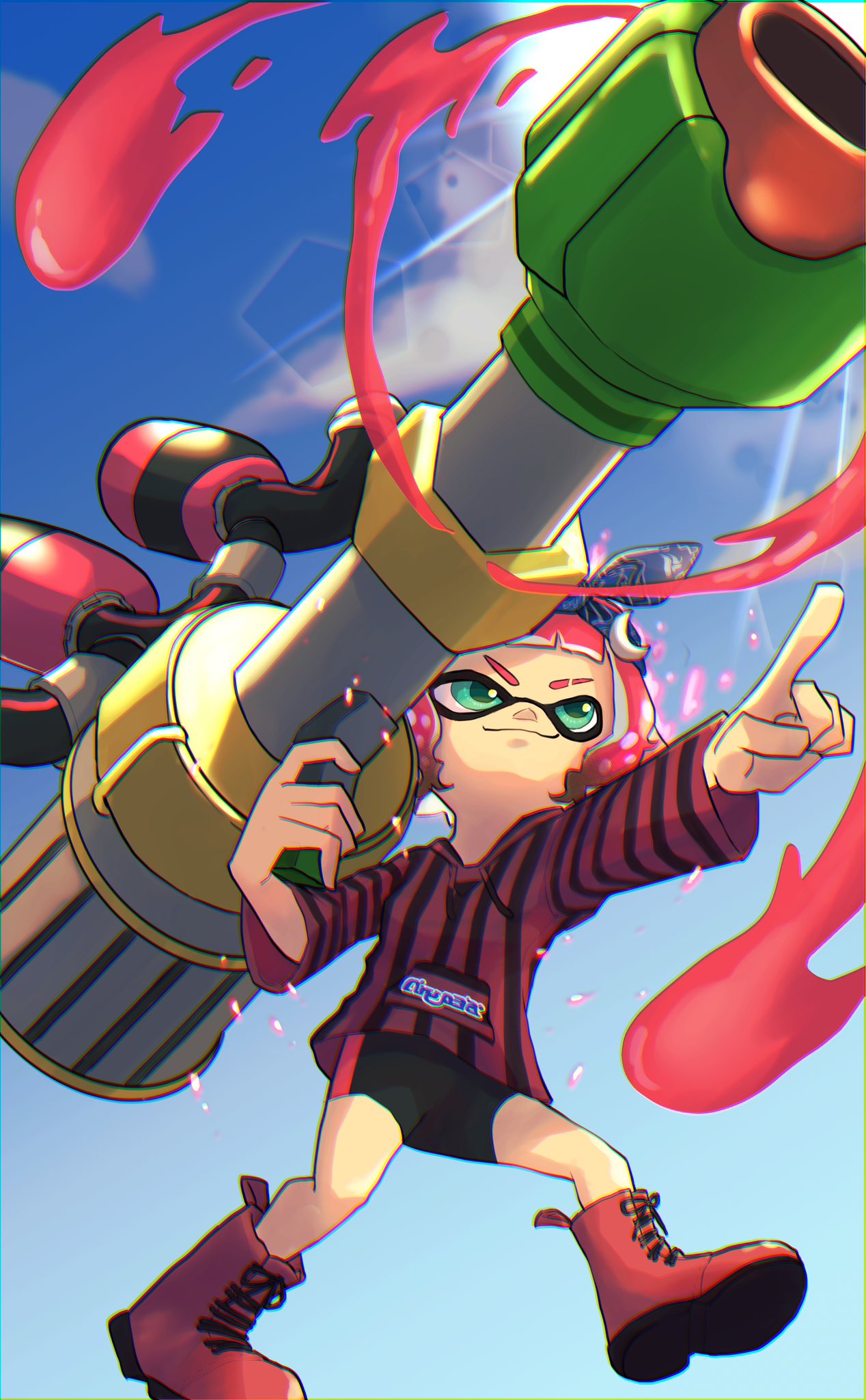 bandana bike_shorts black_shirt blue_sky boots clouds commentary_request green_eyes highres holding holding_weapon inkling inkling_girl nastar_r0 pointing red_footwear red_shirt redhead rubber_boots shirt short_hair sky smirk splatoon_(series) splatoon_3 striped striped_shirt sunlight trizooka_(splatoon) weapon