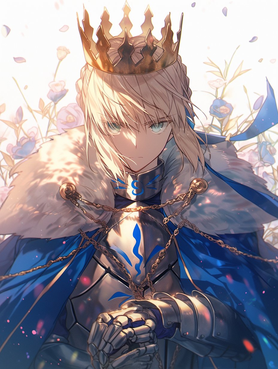 1girl armor artoria_pendragon_(fate) backlighting blonde_hair blue_cape blue_ribbon braid cape chain commentary crown fate/stay_night fate_(series) flower french_braid fur-trimmed_cape fur_trim gauntlets green_eyes hair_ribbon highres looking_at_viewer ribbon saber sidelocks solo tarte_(hodarake) upper_body