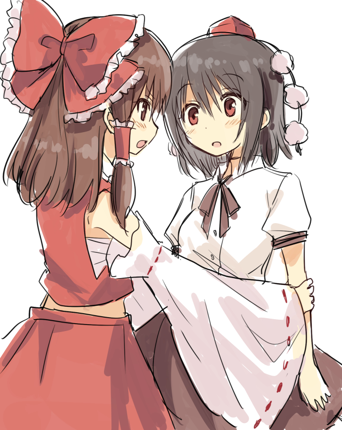 2girls black_hair black_skirt blush bow breasts brown_eyes brown_hair collared_shirt cowboy_shot detached_sleeves eye_contact frilled_bow frilled_hair_tubes frills from_side hair_between_eyes hair_bow hair_tubes hakurei_reimu hat hatsukaze33 large_bow looking_at_another multiple_girls open_mouth pom_pom_(clothes) puffy_short_sleeves puffy_sleeves red_eyes red_headwear red_shirt red_skirt ribbon-trimmed_sleeves ribbon_trim sarashi shameimaru_aya shirt short_sleeves simple_background skirt sleeveless sleeveless_shirt small_breasts tokin_hat touhou white_background white_shirt wide_sleeves yuri