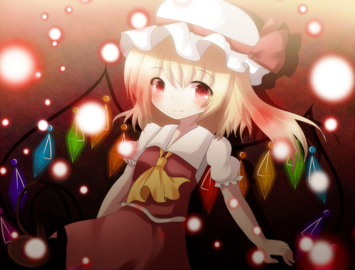 1girl 2525kip ascot breasts closed_mouth collared_shirt danmaku flandre_scarlet frilled_sleeves frills glowing glowing_wings gradient_background hat hat_ribbon laevatein_(tail) light_smile looking_at_viewer medium_hair mob_cap multicolored_wings one_side_up puffy_short_sleeves puffy_sleeves red_background red_eyes red_ribbon red_skirt red_vest ribbon shirt short_sleeves simple_background skirt small_breasts solo tail touhou vest white_headwear white_shirt wings yellow_ascot