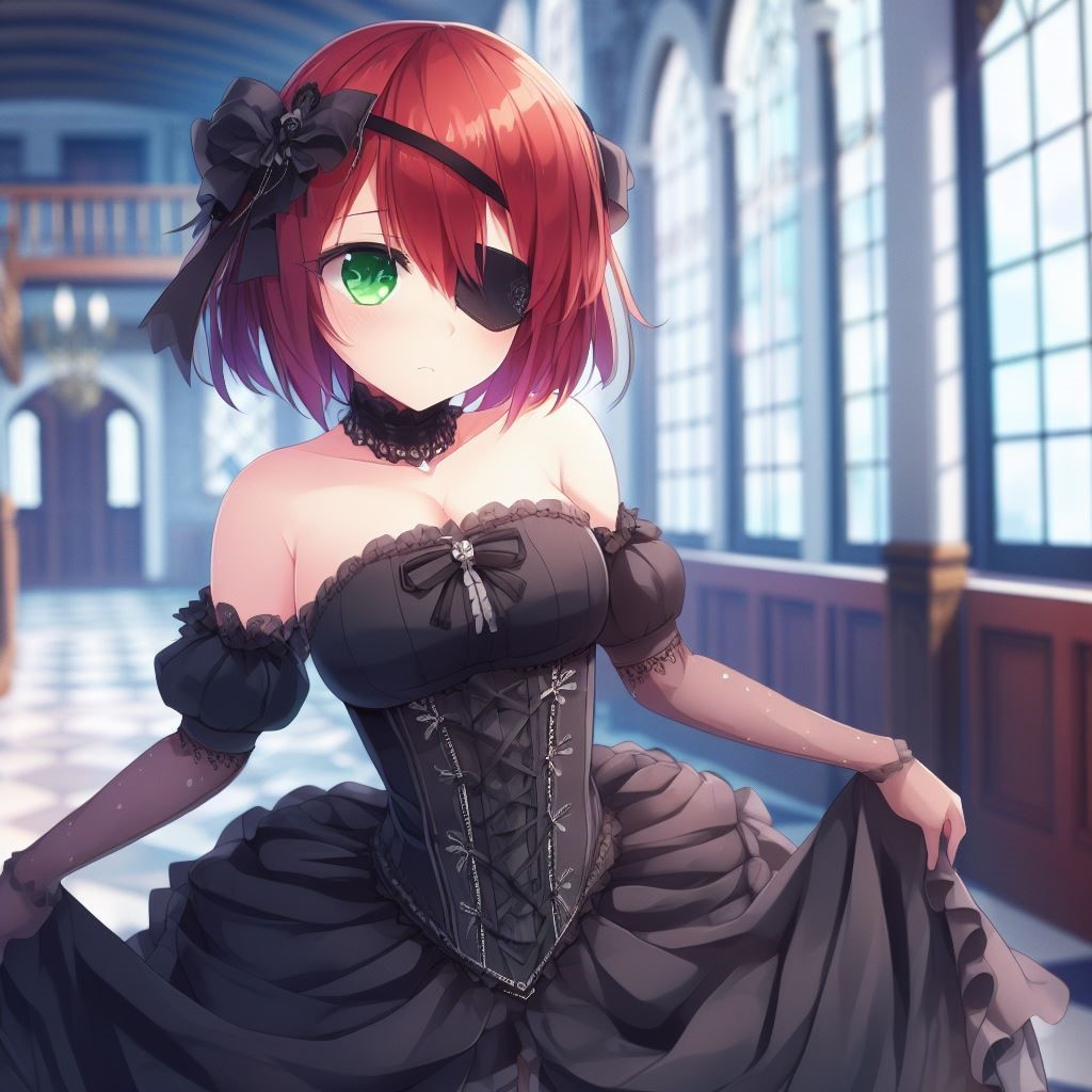 ai-generated black_dress crossover dress eyepatch genderswap genderswap_(mtf) green_eyes hair_ornament non-web_source redhead strike_witches trigger_(ace_combat) world_witches_series