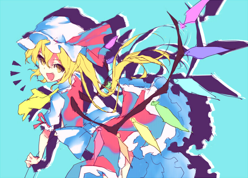 1girl aqua_background ascot back_bow blonde_hair bow cowboy_shot fang flandre_scarlet from_side hat large_bow long_hair mob_cap multicolored_wings one_side_up open_mouth puffy_short_sleeves puffy_sleeves red_ribbon red_skirt red_vest ribbon sato_miya shirt short_sleeves simple_background skirt sleeve_ribbon solo touhou vest white_bow white_headwear white_shirt wings yellow_ascot yellow_eyes