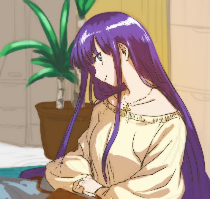 1girl aoba_(smartbeat) blue_eyes breasts closed_mouth collarbone cross cross_necklace fate/grand_order fate_(series) jewelry long_hair long_sleeves looking_at_viewer martha_(fate) necklace plant potted_plant purple_hair shirt sidelocks smile solo white_shirt