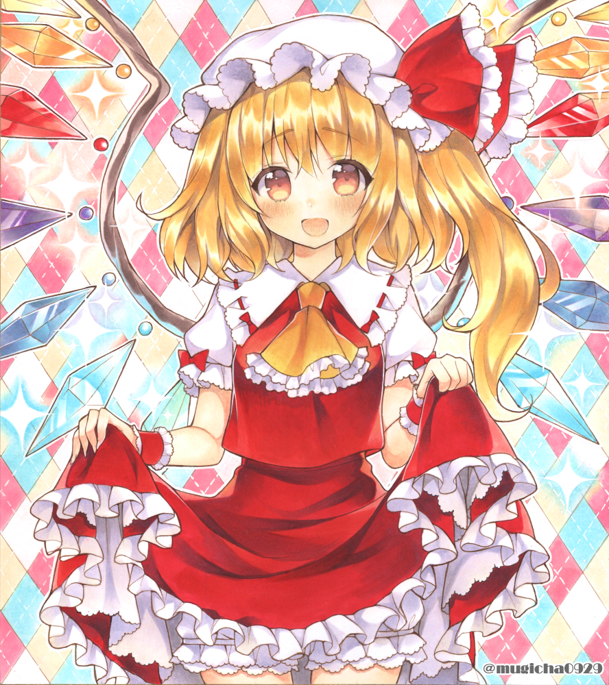 1girl argyle argyle_background artist_name ascot blonde_hair bow breasts collared_shirt cowboy_shot crystal flandre_scarlet frilled_ascot frilled_bow frilled_shirt_collar frilled_skirt frilled_sleeves frills hat hat_bow long_hair looking_at_viewer marker_(medium) mob_cap mugicha_(mugicha0929) multicolored_background multicolored_wings open_mouth orange_eyes puffy_short_sleeves puffy_sleeves red_bow red_skirt red_vest shirt short_sleeves skirt skirt_hold skirt_set small_breasts smile solo touhou traditional_media vest white_headwear white_shirt wings yellow_ascot