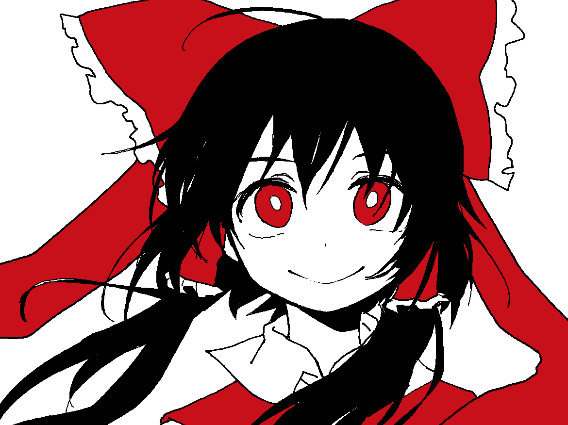 1girl ahoge bbyong403 black_hair bow collared_shirt colored_skin commentary flat_color floating_hair frilled_bow frilled_hair_tubes frills hair_bow hair_ribbon hair_tubes hakurei_reimu high_contrast long_hair looking_at_viewer portrait red_bow red_eyes red_ribbon red_vest ribbon ribbon_trim shirt sidelocks smile solo symbol-only_commentary teeth touhou variant_set vest white_background white_skin wind