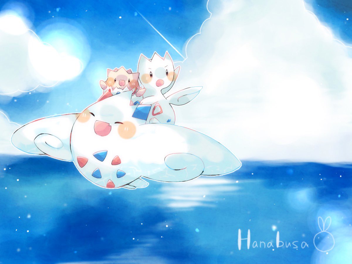 :d ^_^ animal_focus artist_name blue_sky closed_eyes clouds colored_skin evolutionary_line fang flying hanabusaoekaki horizon no_humans ocean open_mouth pokemon pokemon_(creature) sky smile solid_oval_eyes togekiss togepi togetic v-shaped_eyebrows water white_skin