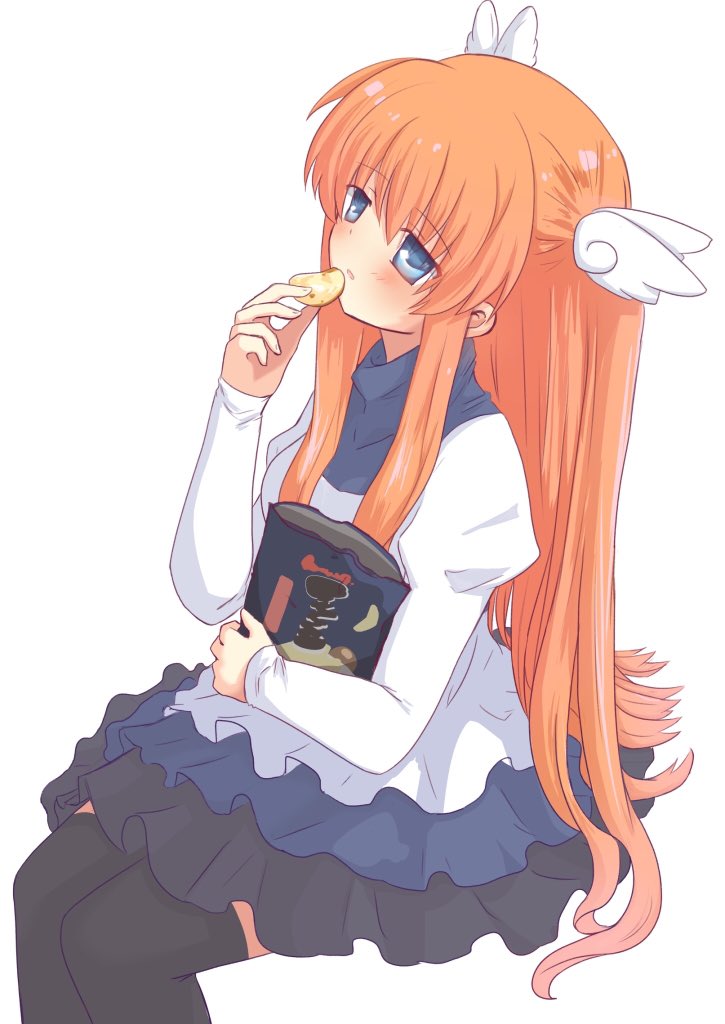 1girl black_thighhighs blue_eyes blush canaca_chiyuri casual chips_(food) commentary cowboy_shot dress eyes_visible_through_hair food hair_between_eyes hand_up holding holding_food juliet_sleeves long_hair long_sleeves looking_afar official_alternate_costume ootori_chihaya orange_hair parted_lips petticoat potato_chips puffy_sleeves rewrite short_dress sidelocks simple_background sitting sleeves_past_wrists solo straight_hair thigh-highs turtleneck two_side_up very_long_hair white_background white_dress wing_hair_ornament