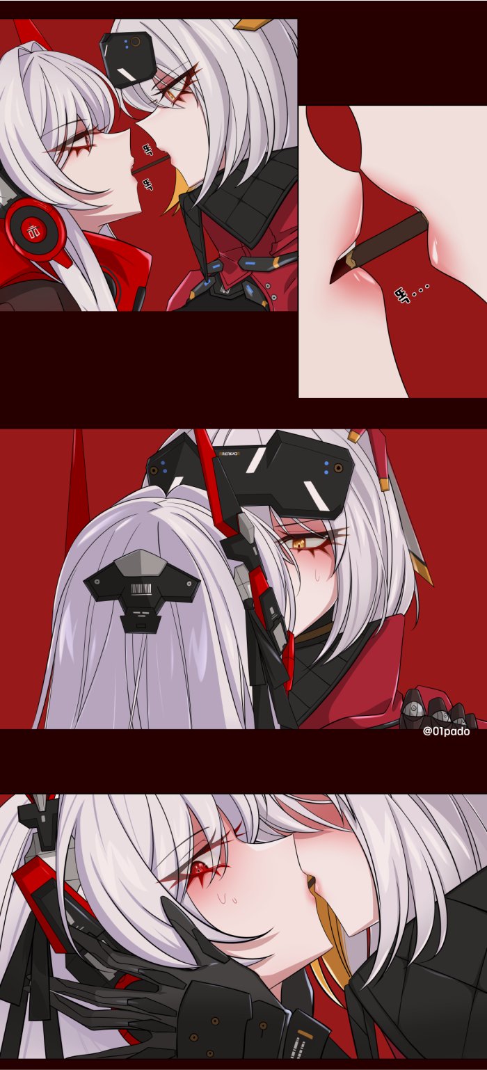 01pado_pado 2girls alpha_(punishing:_gray_raven) black_jacket blush eye_contact food_in_mouth forehead_protector grey_hair hand_on_another's_head hand_on_another's_shoulder headgear headphones highres incoming_pocky_kiss jacket long_hair looking_at_another looking_down lucia:_crimson_abyss_(punishing:_gray_raven) medium_hair multiple_girls orange_eyes pocky_in_mouth punishing:_gray_raven red_background red_eyes red_scarf rosetta_(punishing:_gray_raven) scarf sidelocks sweat yuri